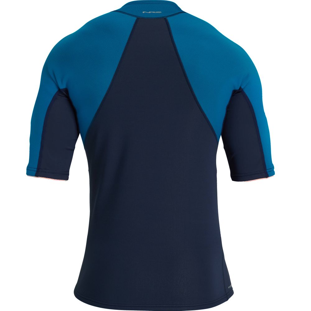 Back view of the NRS Hydroskin 0.5mm Men's Short Sleeve Shirt in dark blue, featuring light blue panels on sleeves and shoulders, crafted for peak paddling performance.