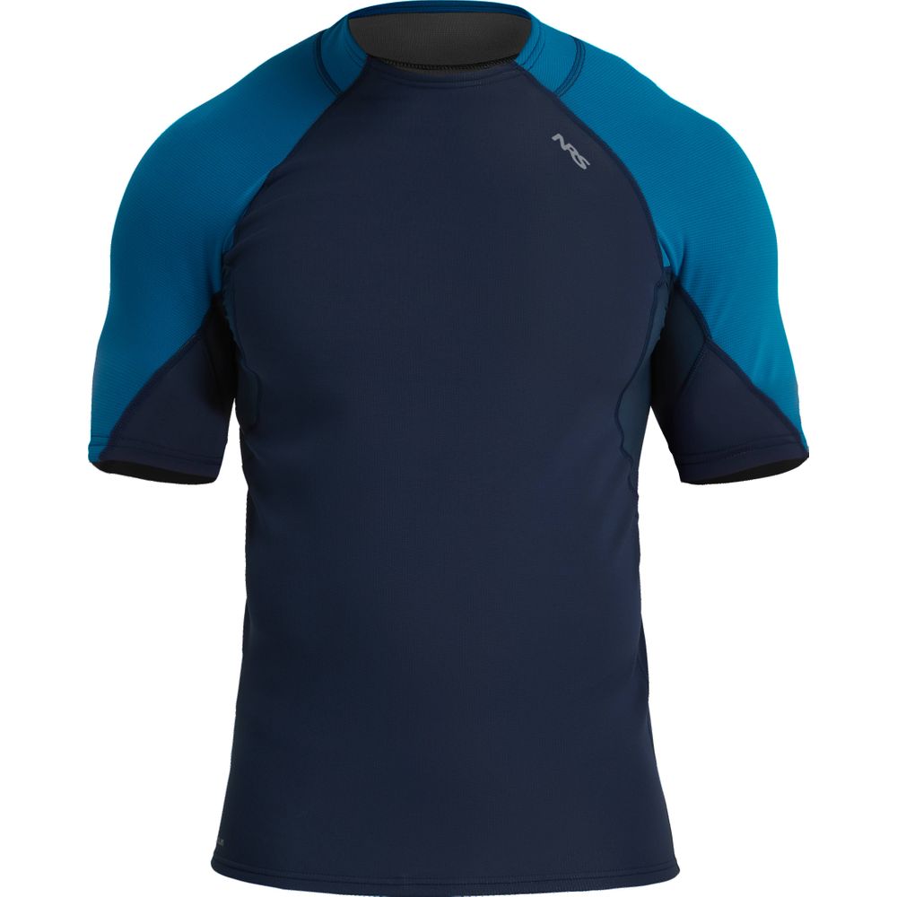The HydroSkin 0.5mm Short Sleeve Shirt by NRS is a blue/navy rash guard with a chest logo, designed for superior paddling performance.