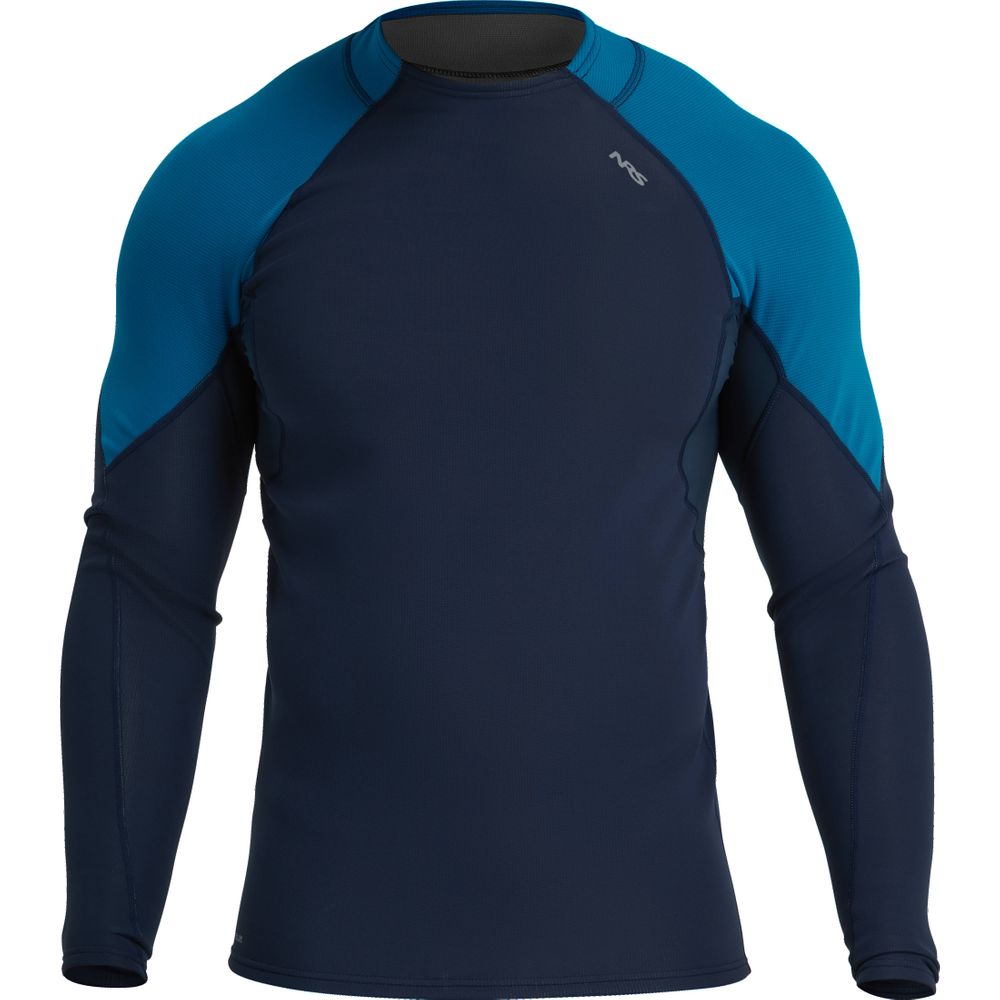 The NRS Hydroskin 0.5mm Long Sleeve Shirt - Men's, with insulating navy and teal raglan sleeves, is ideal for optimal paddling performance on a neutral background.