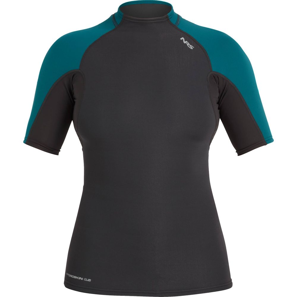 The NRS Hydroskin 0.5mm Short Sleeve Shirt for women features teal shoulders, a black body, a small chest logo, and is designed to minimize water retention for better comfort.
