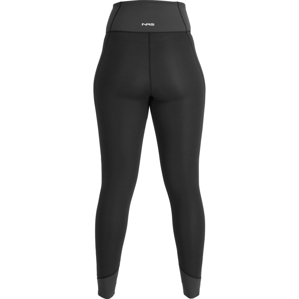 The NRS Hydroskin 0.5mm Pant for women features black high-waisted leggings with light insulation and a logo on the waistband, shown from the back.