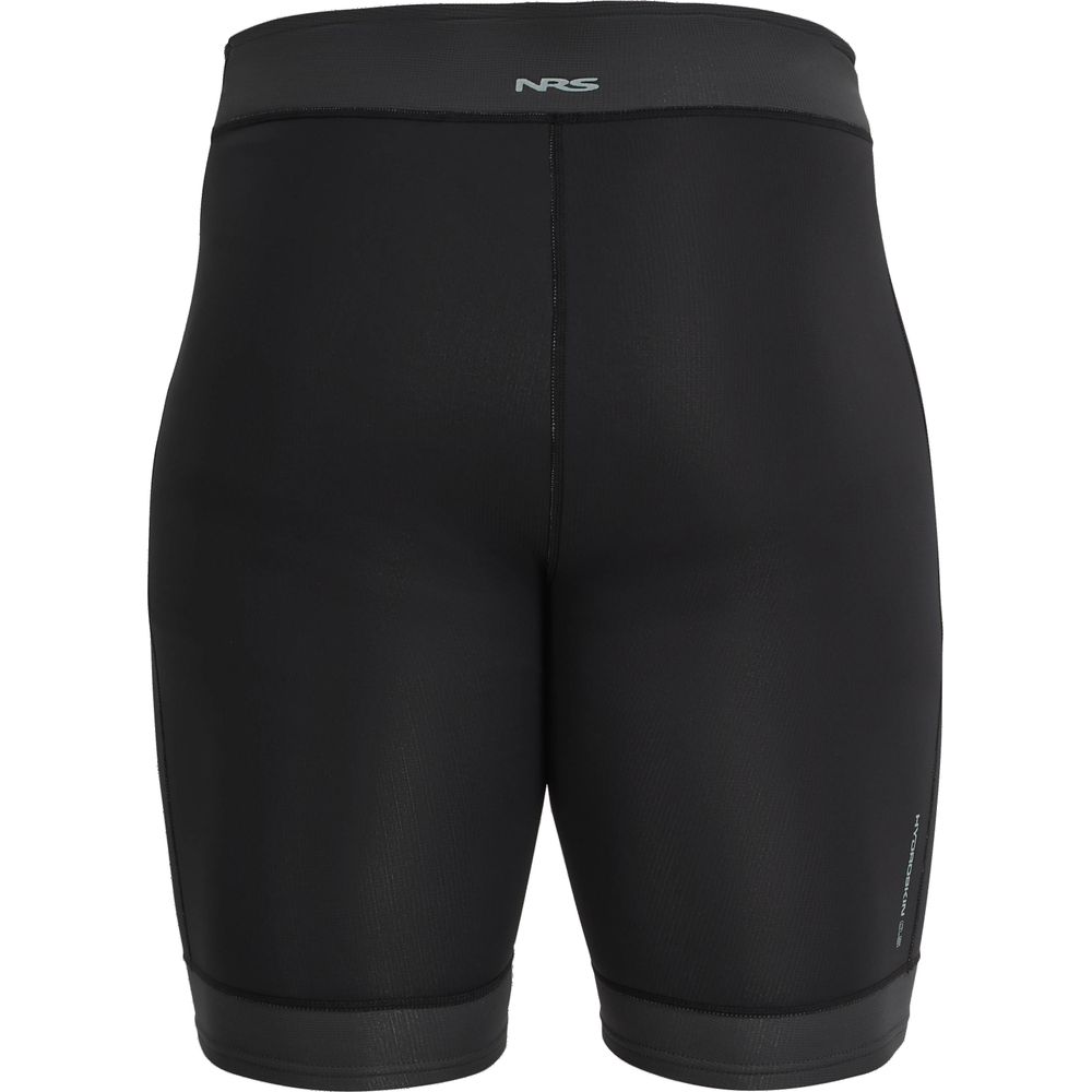 The black NRS Men's Hydroskin 0.5m Shorts feature a stitched seam design and branded waistband, offering style and performance as insulating shorts when viewed from the back.
