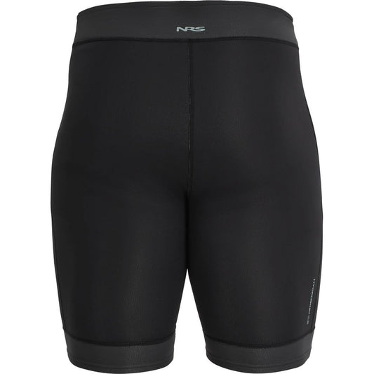 The black NRS Men's Hydroskin 0.5m Shorts feature a stitched seam design and branded waistband, offering style and performance as insulating shorts when viewed from the back.