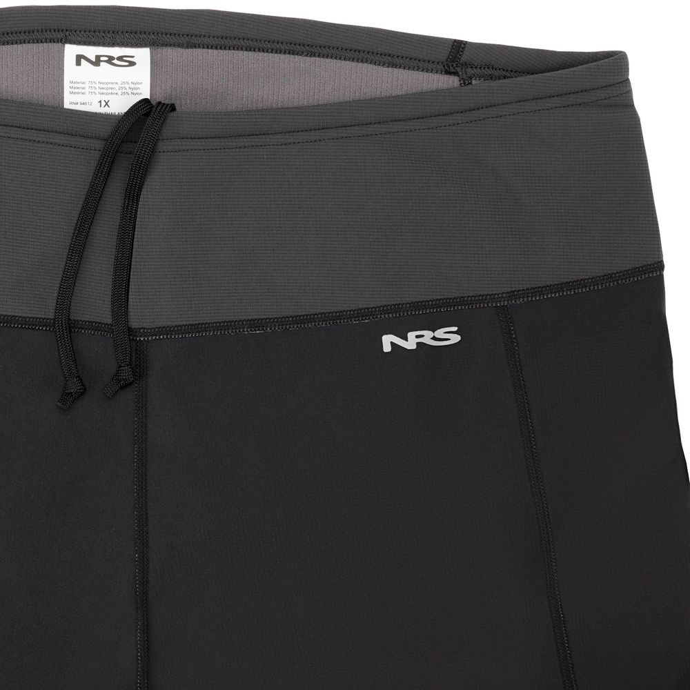 The black and gray NRS HydroSkin 0.5mm Women's Shorts offer a drawstring waist and Terraprene neoprene, with a visible size 1X tag, ideal for improving paddling performance.