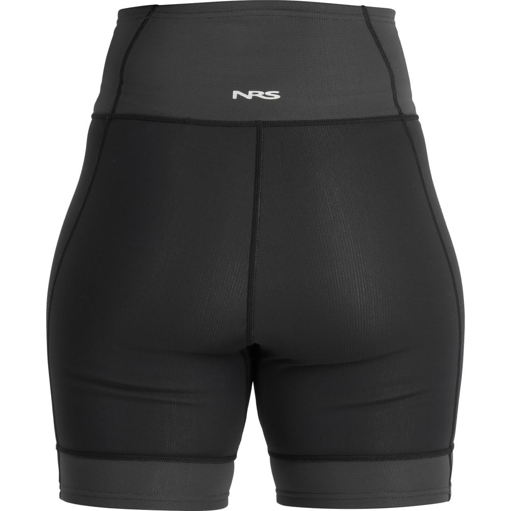 The NRS HydroSkin 0.5mm women's shorts in black and gray are high-waisted, crafted from Terraprene neoprene with a waistband logo, enhancing paddling performance.