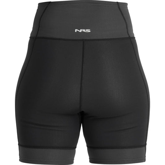 The NRS HydroSkin 0.5mm women's shorts in black and gray are high-waisted, crafted from Terraprene neoprene with a waistband logo, enhancing paddling performance.