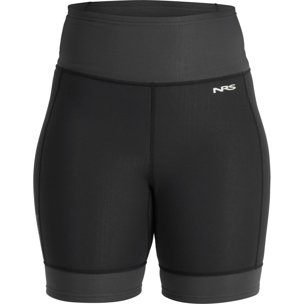 The NRS HydroSkin 0.5mm Women's Shorts, made from Terraprene neoprene, offer a high waistband for optimal paddling and sport a sleek white logo on the left.