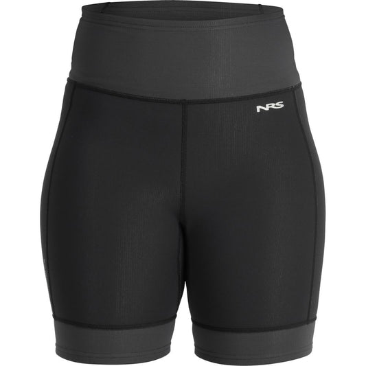 The NRS HydroSkin 0.5mm Women's Shorts, made from Terraprene neoprene, offer a high waistband for optimal paddling and sport a sleek white logo on the left.