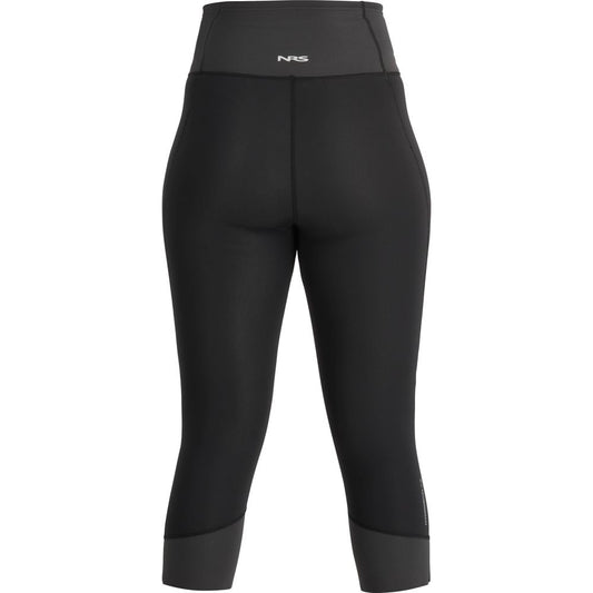 Back view of NRS Hydroskin 0.5mm Capri for women, featuring a knee-length cut and waistband logo, ideal for enhancing paddling performance.