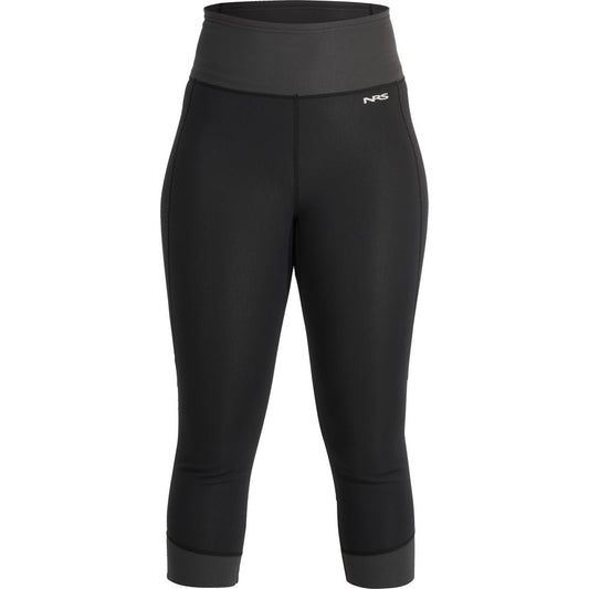 The NRS Hydroskin 0.5mm Capri for women features black cropped leggings with a wide waistband and a small side logo, perfect for enhancing your paddling performance.