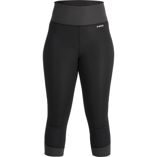 Black Hydroskin 0.5 Capri athletic leggings with a wide waistband and a small white logo on the front left by NRS.