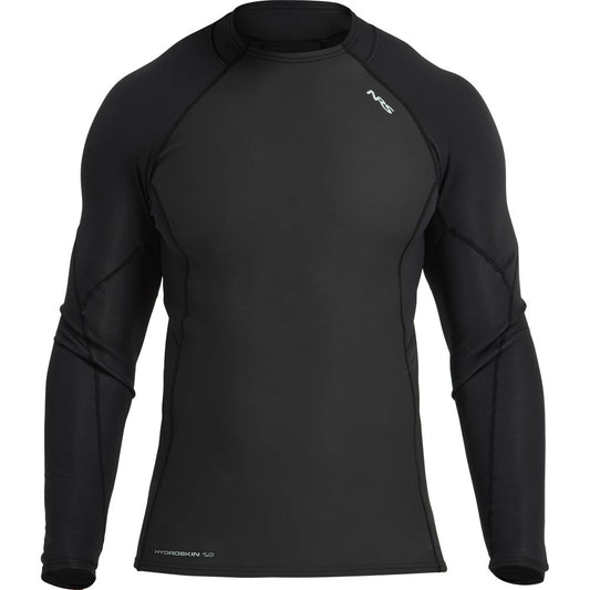 The NRS Hydroskin 1.0mm Long Sleeve Shirt for men features visible stitching and a small left chest logo, making it ideal for cold water adventures.