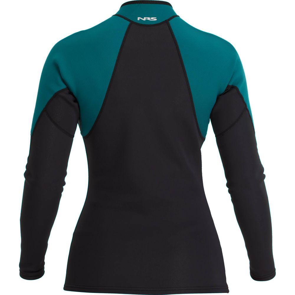 The Women's Hydroskin 1.5mm Jacket by NRS is a long-sleeve wetsuit top with teal and black panels, showcasing the "NRS" brand on the upper back. Designed for paddling, it offers excellent neoprene insulation to keep you warm on the water.
