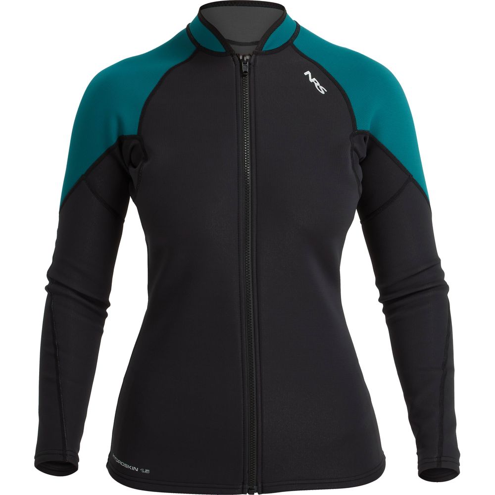 The NRS Hydroskin 1.5mm Jacket - Women's is a black and teal wetsuit with long sleeves, neoprene insulation, and a front zipper. Featuring a chest logo and displayed on a mannequin, it enhances paddling performance while combining style with functionality.