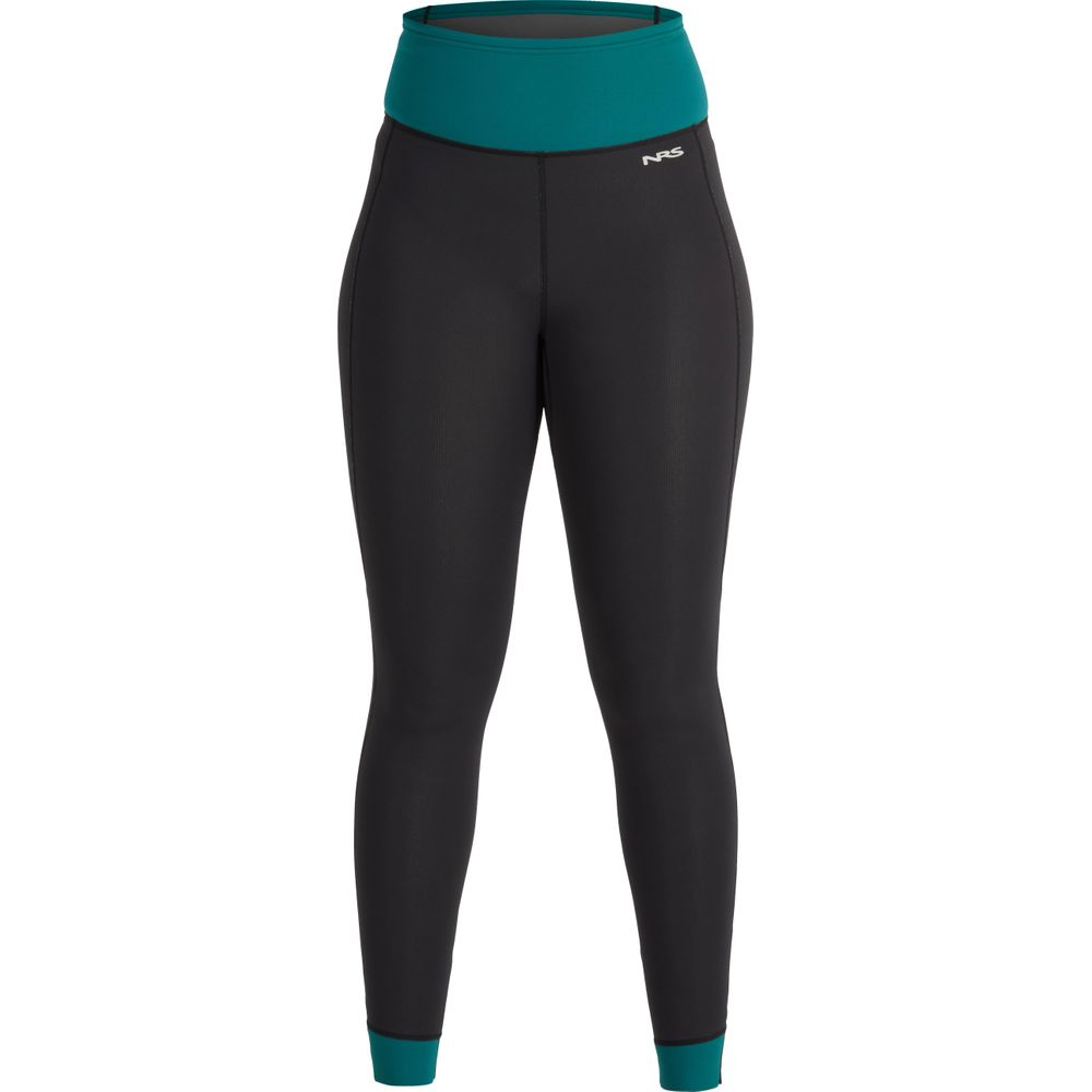 The NRS Hydroskin 1.5mm Pants - Women's are black leggings with a teal waistband and cuffs, a small logo on the upper left thigh, designed for optimal paddling performance and neoprene insulation to keep you warm.