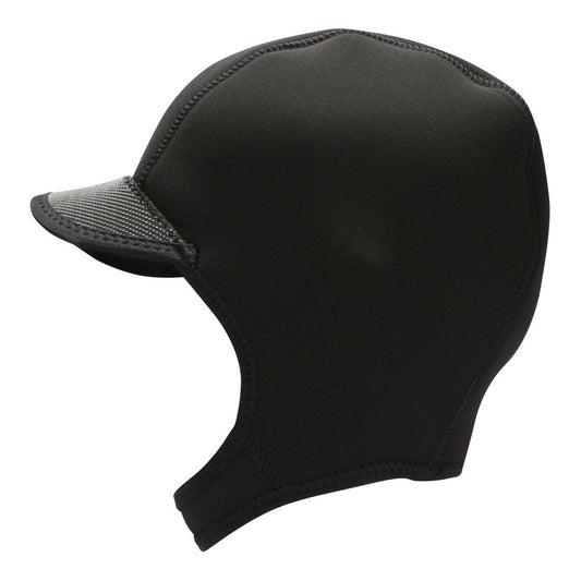 The NRS Storm Cap is made from black neoprene and includes a short visor and chinstrap, providing outstanding thermal protection for water sports enthusiasts.