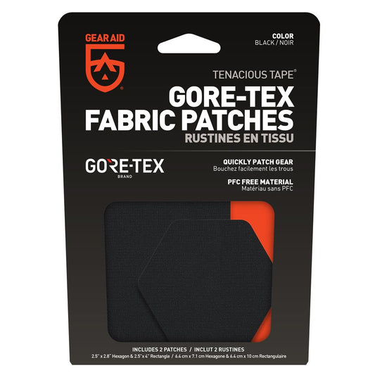 Packaging of Gear Aid Gore-Tex Repair Patches in black, designed to quickly patch gear with peel-and-stick application, displayed on a hanger card.