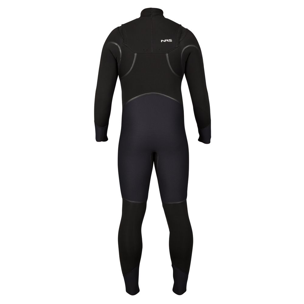 The black NRS Radiant 4/3 Wetsuit showcases a back view with long sleeves and reinforced elbow and knee padding. Made from Terraprene neoprene, it features VaporLoft lining for added warmth and comfort in aquatic activities.