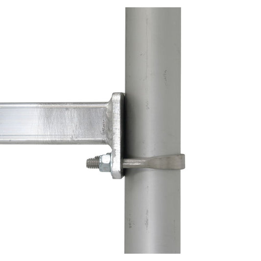 Close-up of an NRS Lower Cat Rail Spreader Bar, featuring a silver metallic bracket connecting to a vertical cylindrical pipe, secured by a bolt and nut, ideal for cataraft frames.