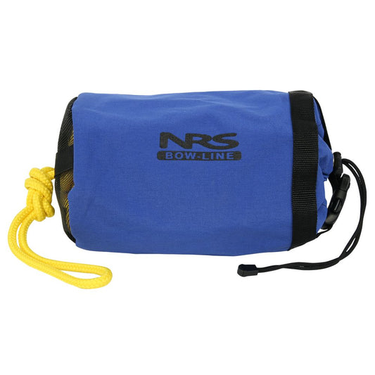 NRS Bow Line Bag in blue Cordura features a black strap and includes a vibrant yellow polypropylene rope neatly coiled.