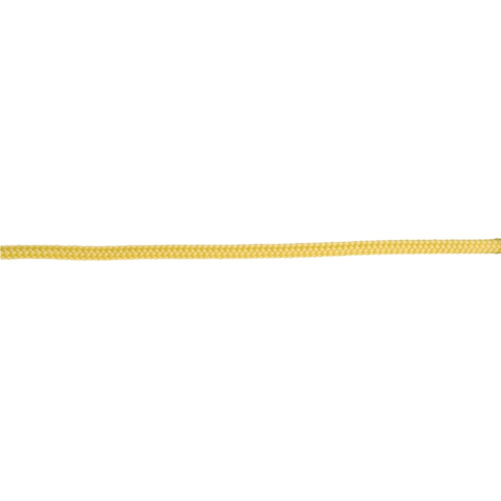 The NRS Yellow Floating Rescue Rope - 1/4", made with kernmantle construction, is straight and horizontally aligned on a white background.