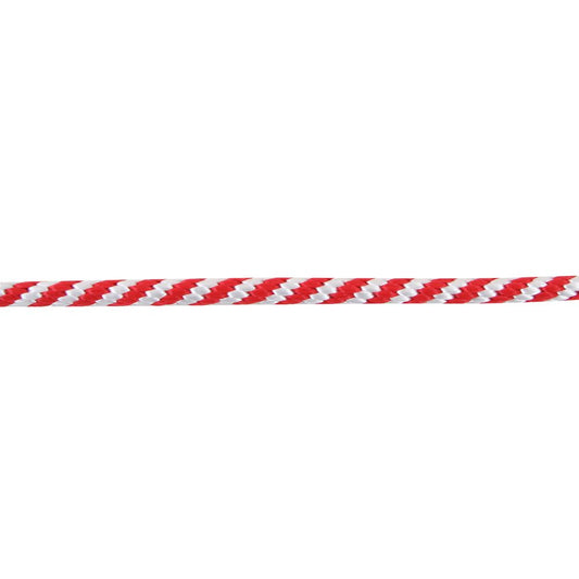 Close-up of the NRS 3/8 Polypro Boat Line, featuring a red and white striped braid, known for its tensile strength, against a white background.
