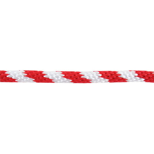 The NRS 5/8 Polypro Boat Line, shown in a close-up highlighting its abrasion-resistant red and white striped design on a white background, boasts impeccable tensile strength, making it perfect for those valuing reliability.