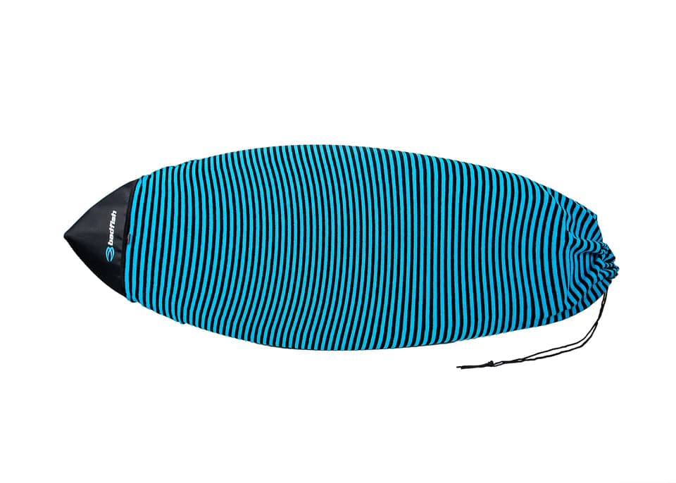 A Badfish Surfboard Sock with a black and blue striped protective cover, reminiscent of a surfboard sock, and a drawstring closure at one end lies on a white background.