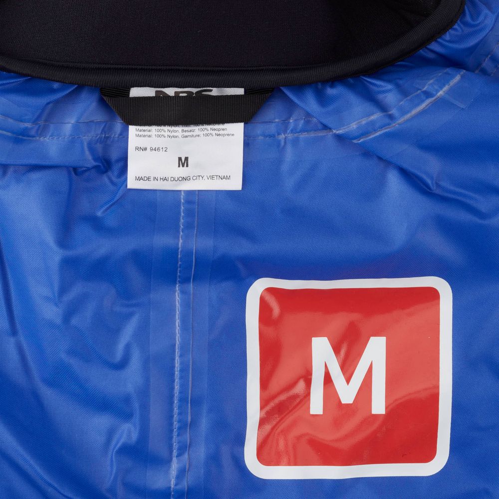 The NRS Hooded Rio Splash Jacket is a blue waterproof jacket with a red "M" on the front, featuring adjustable neoprene closures and labeled as size M, made in Hai Duong City, Vietnam.