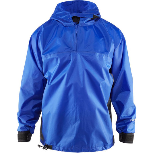 The NRS Hooded Rio Splash Jacket is blue with black side accents and includes adjustable neoprene closures on the cuffs.