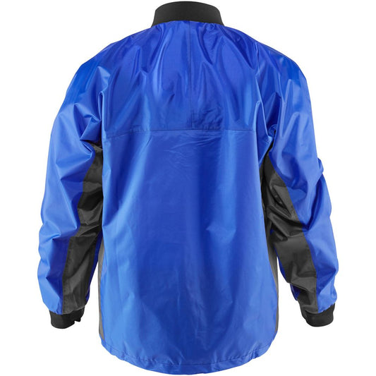The NRS Youth Rio Splash Top is a blue and black paddle jacket with a glossy finish, shown from the back.