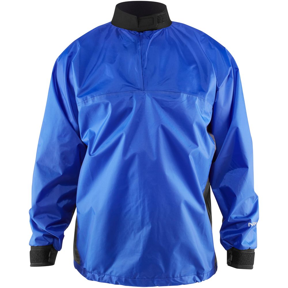 The NRS Youth Rio Splash Top, a blue paddle jacket with black collar and cuffs, is shown against a plain white background.