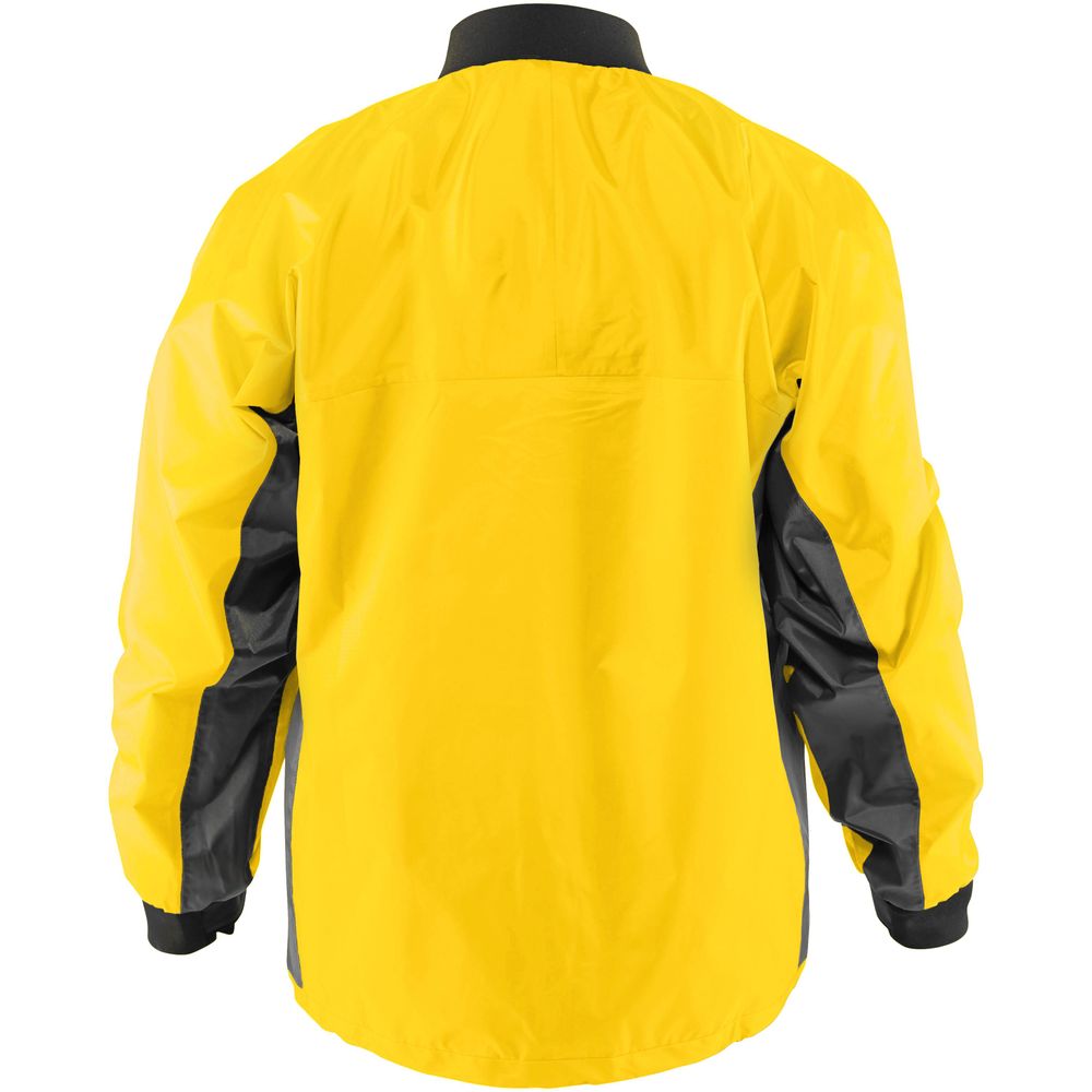 Back view of a yellow and black windbreaker jacket with long sleeves and a black collar, similar to the NRS Youth Rio Splash Top style.