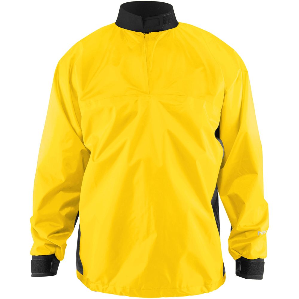 The NRS Youth Rio Splash Top is a vibrant, waterproof jacket with bright yellow long sleeves, a high black collar and cuffs, plus sleek black side panels. Ideal as a paddle jacket, it combines style and functionality.