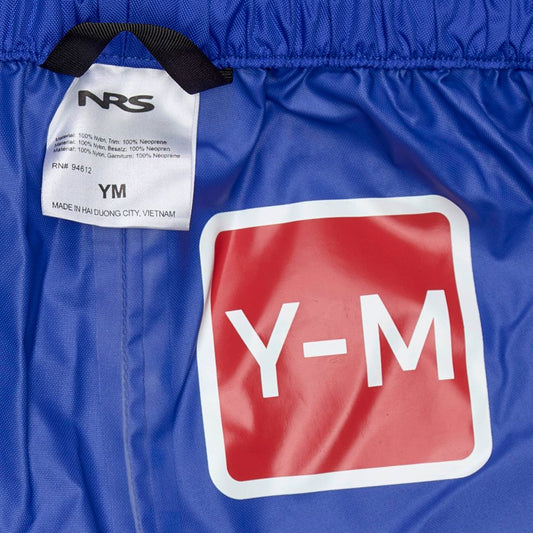 Blue fabric from NRS, with a white label reading "YM" and "Made in Hai Duong City, Vietnam," featuring a red square marked "Y-M." These are the Youth Rio Splash Pants made from durable nylon.