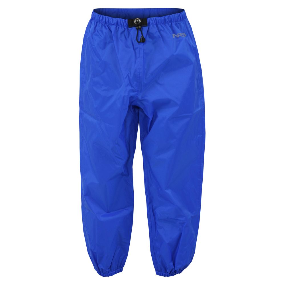 The NRS Youth Rio Splash Pant is bright blue, crafted from durable nylon, and features an elastic waistband and cuffs with a subtle logo on the left near the waist.