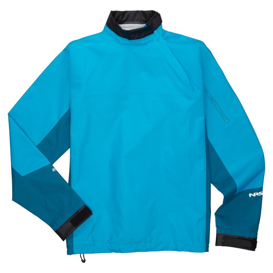 The NRS Endurance Splash Jacket - Men's is a blue waterproof jacket with black adjustable cuffs and a small zippered pocket on the left sleeve, perfect for boating adventures.