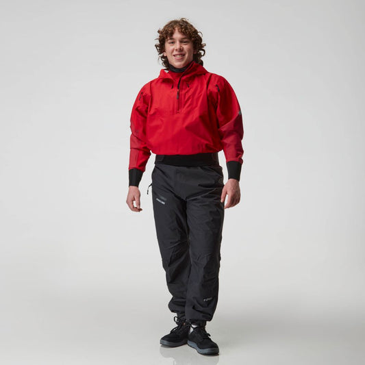 An individual confidently stands against a plain background wearing NRS Endurance Splash Pant - Men's in black and a red jacket, made from breathable HyproTex fabric.