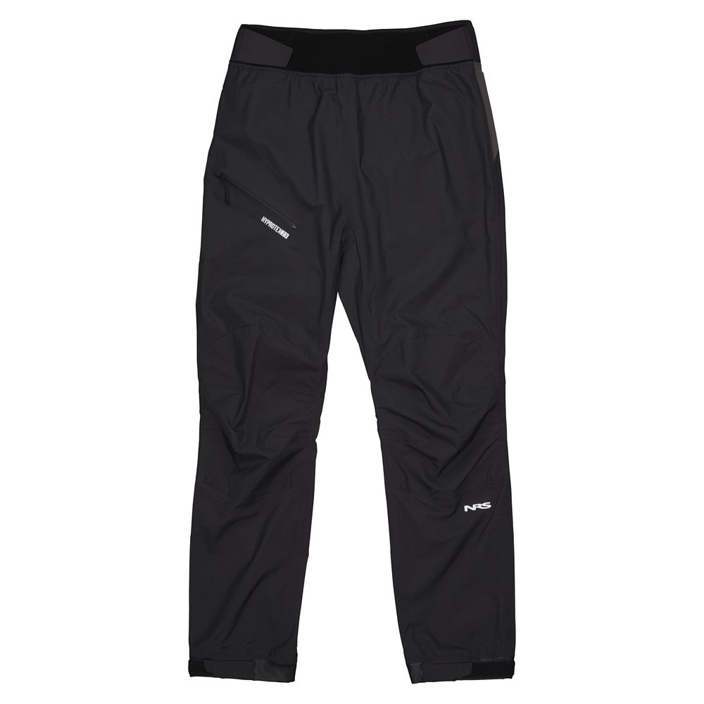 The NRS Endurance Splash Pant for men is black and waterproof, featuring an adjustable waistband, reinforced knees and seat, breathable HyproTex fabric, two zippered pockets, and the NRS logo.