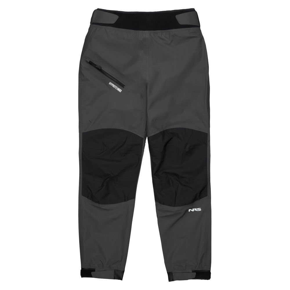NRS's Endurance Splash Pant for women in gray and black features durable HyproTex material, a right-side zippered pocket, an adjustable waistband, and reinforced seat and knees for added protection.