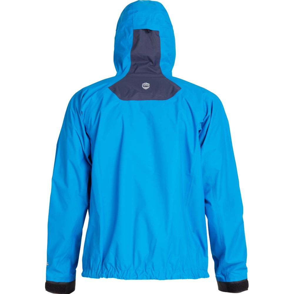 The NRS High Tide Jacket - Men's is a blue waterproof, breathable splash jacket featuring an adjustable hood with a dark gray panel, viewed from the back.