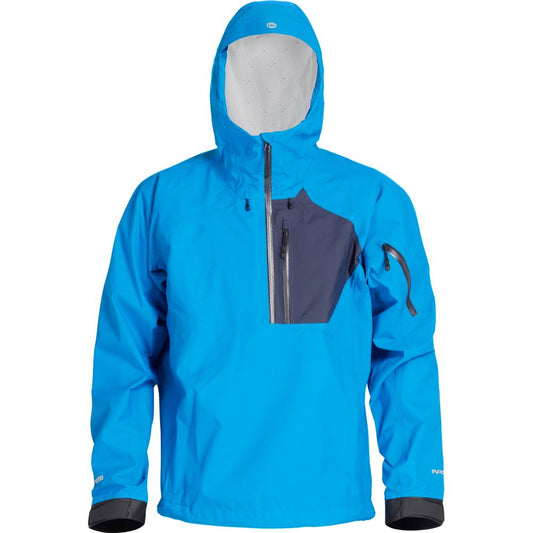 The NRS High Tide Jacket - Men's is a blue hooded splash jacket with a half-zip design, featuring contrasting dark gray chest and arm pockets. It has paddling protection and an adjustable hood for comfort.