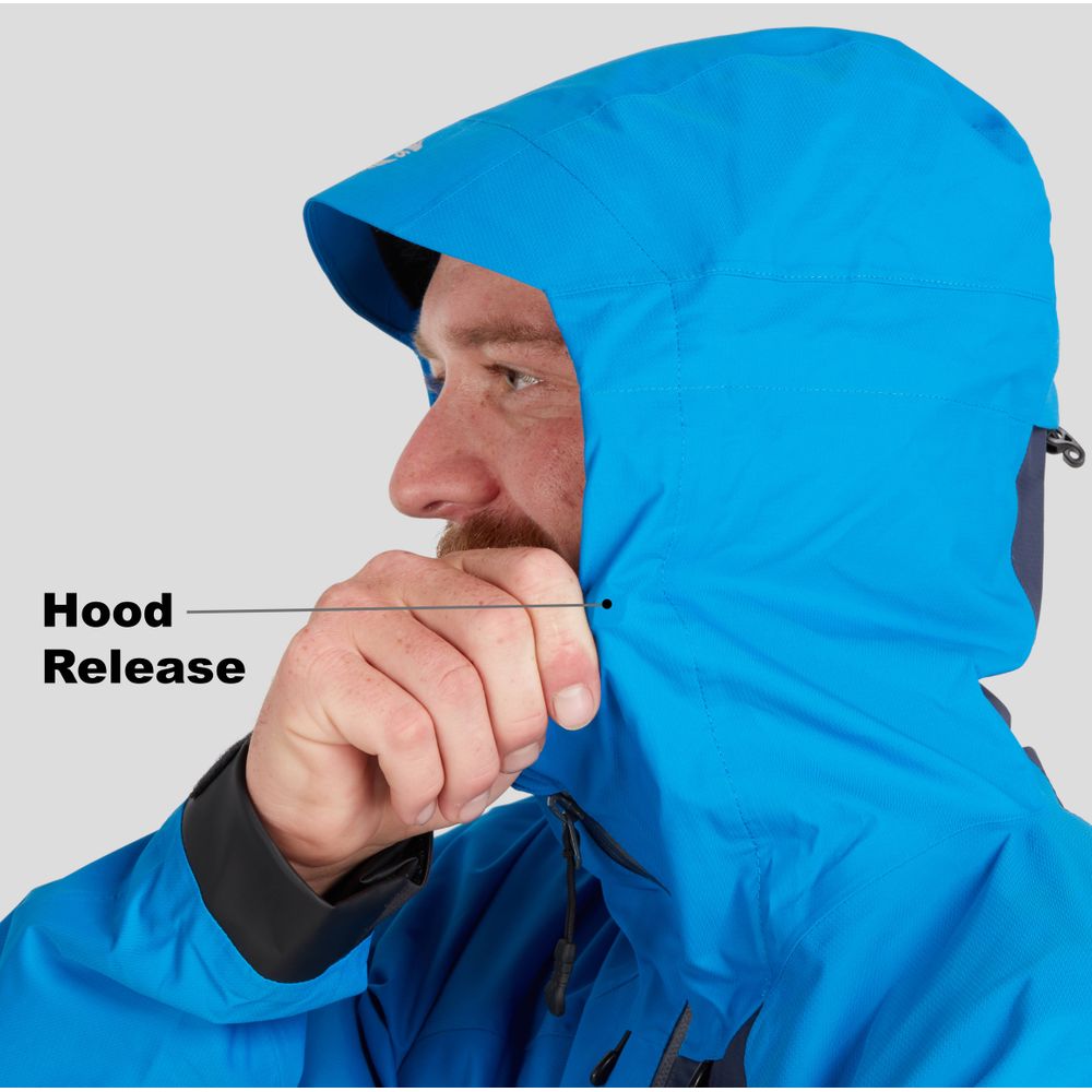 A person in the NRS High Tide Jacket - Men's, a blue waterproof splash jacket, adjusts the adjustable hood's drawstring with one hand.