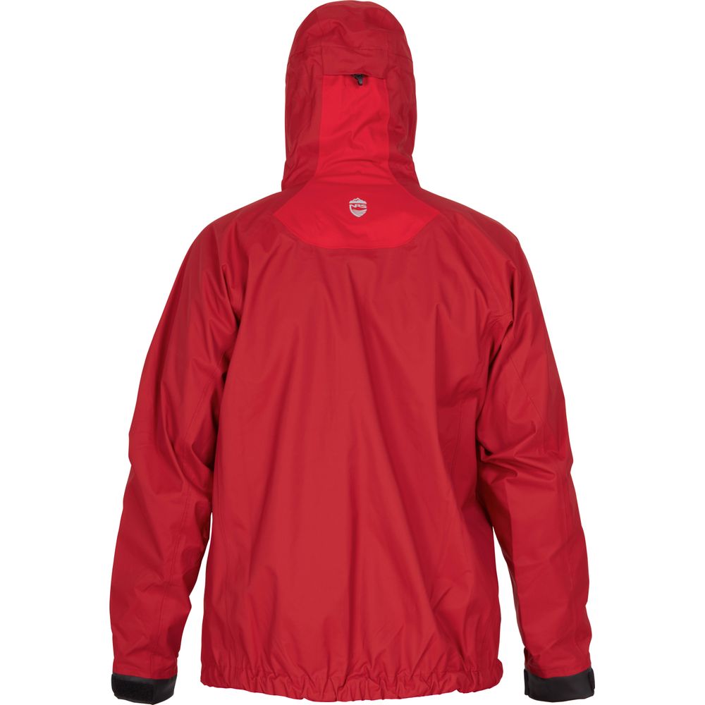 The NRS High Tide Jacket - Men's features a red waterproof design with an adjustable hood. The back view highlights its elastic hem and wrist cuffs for optimal paddling protection.