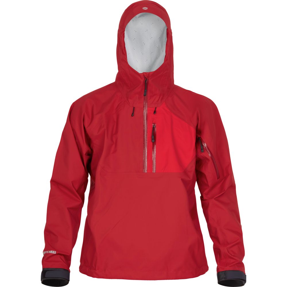 The NRS High Tide Jacket - Men's, shown on a faceless mannequin, is a red waterproof splash jacket featuring an adjustable hood and multiple front zippers for excellent paddling protection.