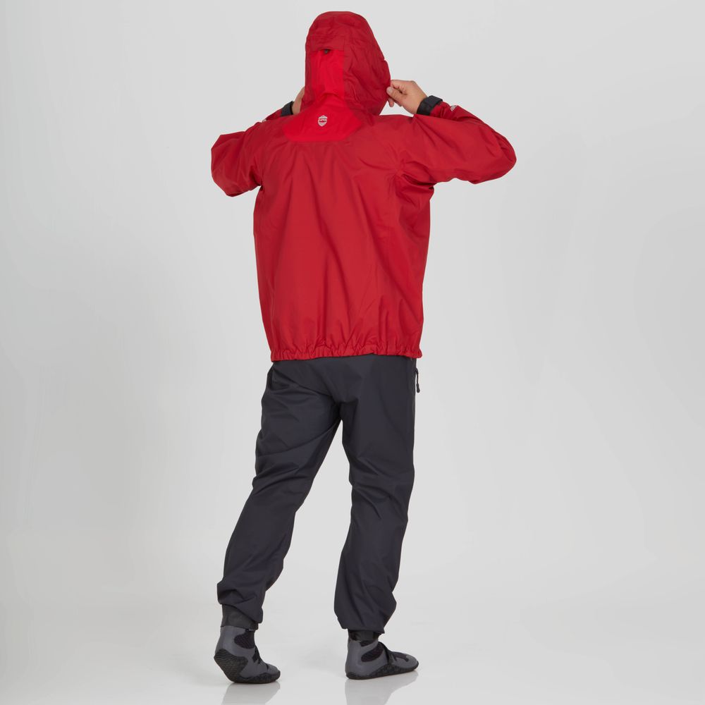 Wearing an NRS High Tide Jacket - Men's, a person in bright red with the hood up faces away, paired with dark pants on a plain light gray background.