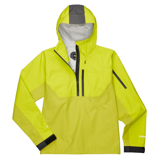 The NRS High Tide Jacket - Men's is a bright yellow waterproof layer with an adjustable hood, front zipper, chest pocket, and gray accents—ideal for paddling adventures.
