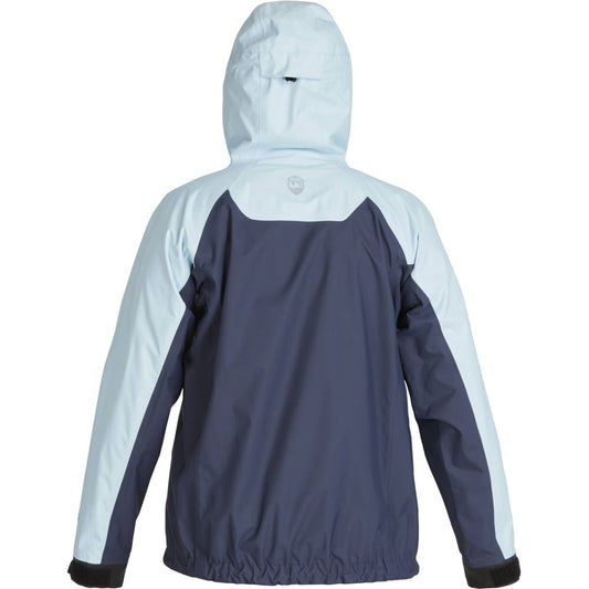 The NRS High Tide Jacket - Women's showcases a back view with a dark blue body, light blue arms, and hood. Featuring a paddler's cut, it includes an elastic hem and adjustable cuffs for optimal comfort.