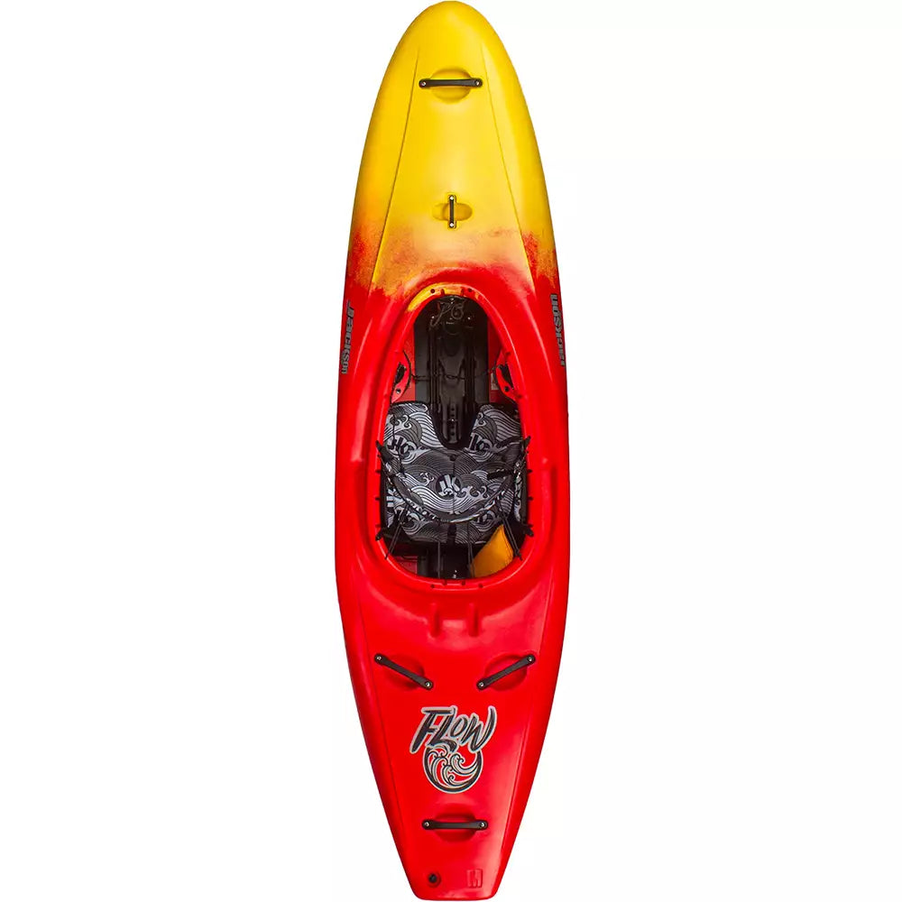 A red and yellow Flow kayak by Jackson Kayak on a white background.