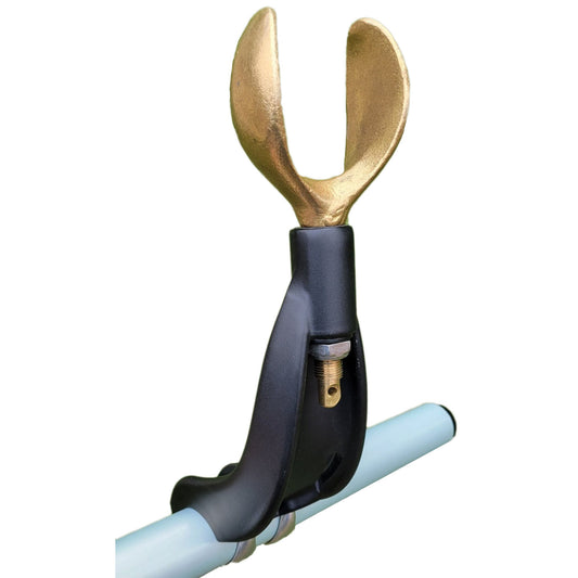 A gold-colored Better Mounts Oar Towers mounted on a blue pole, featuring heat-treated forged aluminum for durability and Delrin bushings for smooth operation.